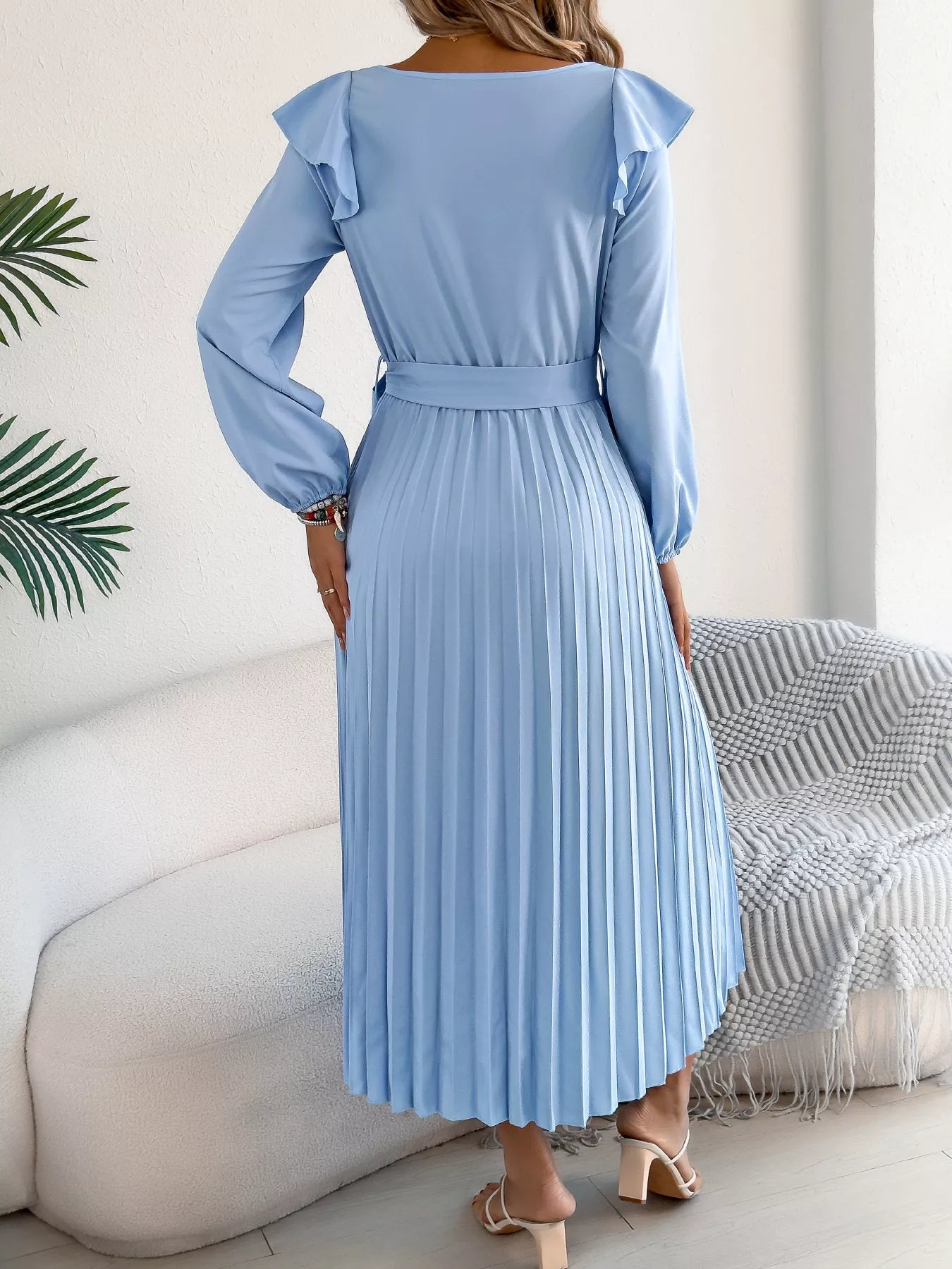 Ruffle Trim Pleated A-Line Midi Dress-Nordavory