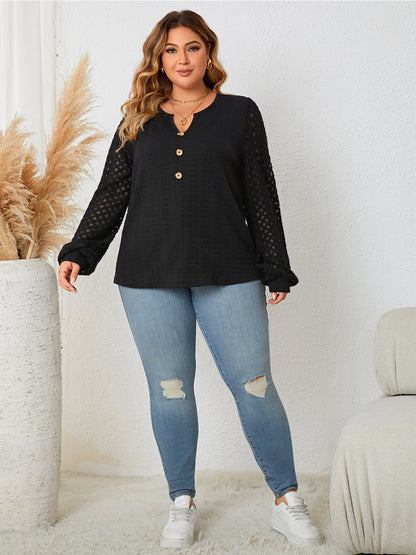 Honey Plus Size Openwork Notched Button Front Blouse-Nordavory