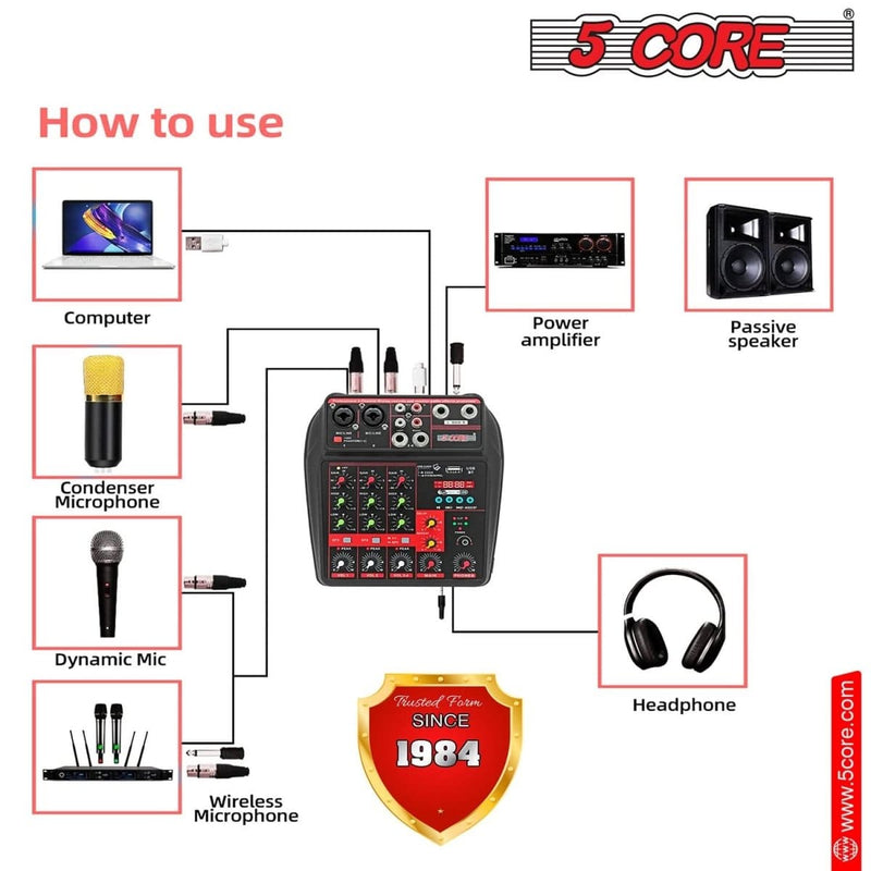 5 Core Audio Mixer 4 Channel DJ Equipment with Bluetooth USB Sound Audio & Video nordavory