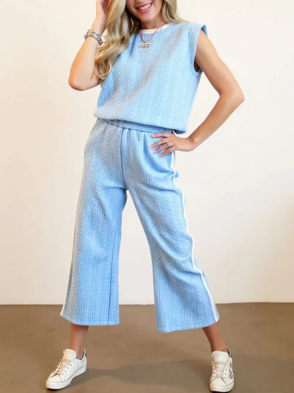 Oh Full Size Texture Contrast Trim Round Neck Top and Pants Set-Nordavory
