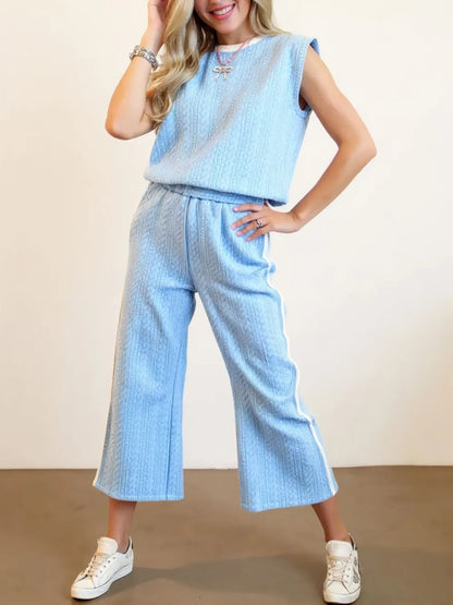 Oh Full Size Texture Contrast Trim Round Neck Top and Pants Set-Nordavory