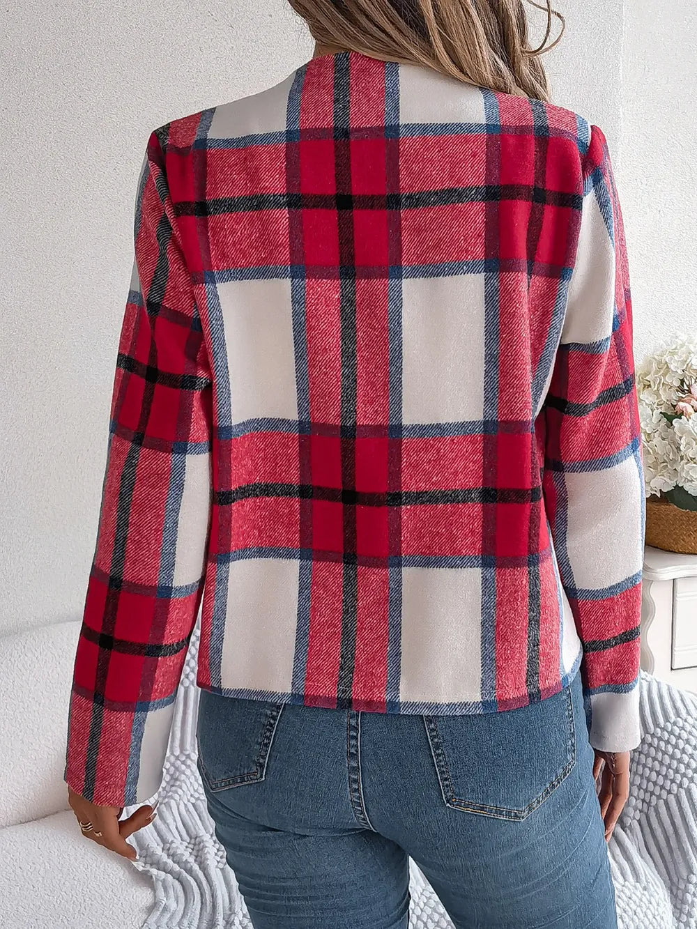 Plaid Open Front Long Sleeve Jacket-Nordavory