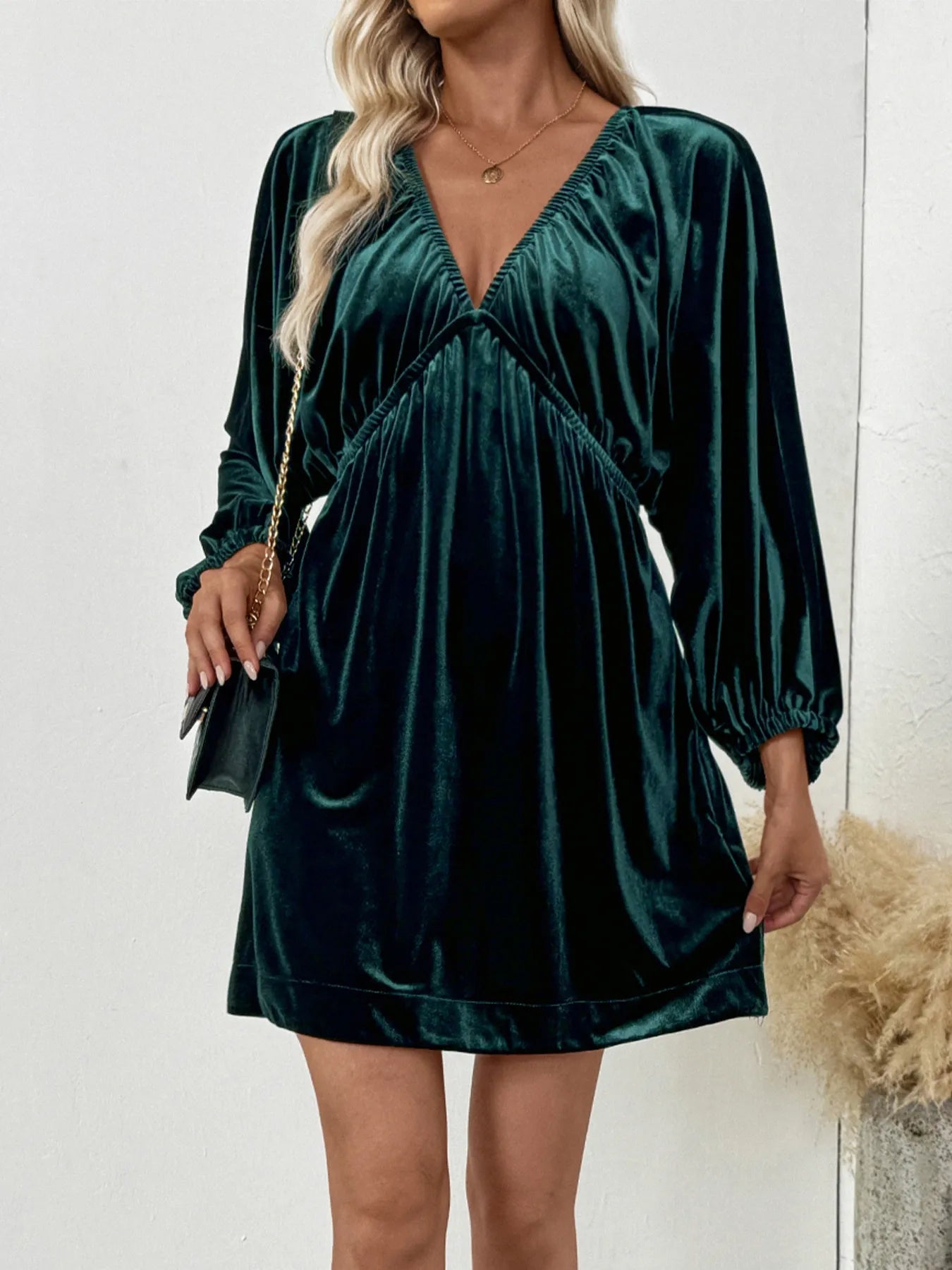 Ruched V-Neck Balloon Sleeve Dress-Nordavory