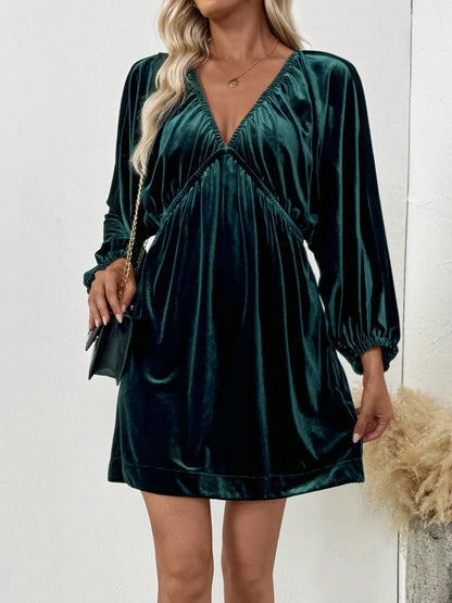 Ruched V-Neck Balloon Sleeve Dress-Nordavory