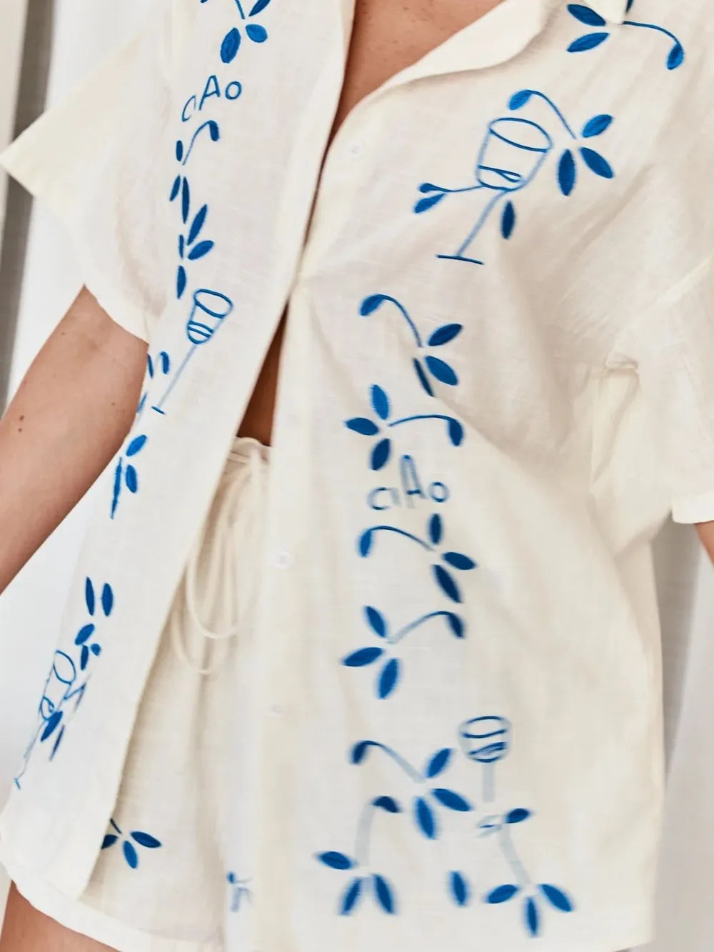 Embroidered Button Up Half Sleeve Top and Shorts Set-Nordavory