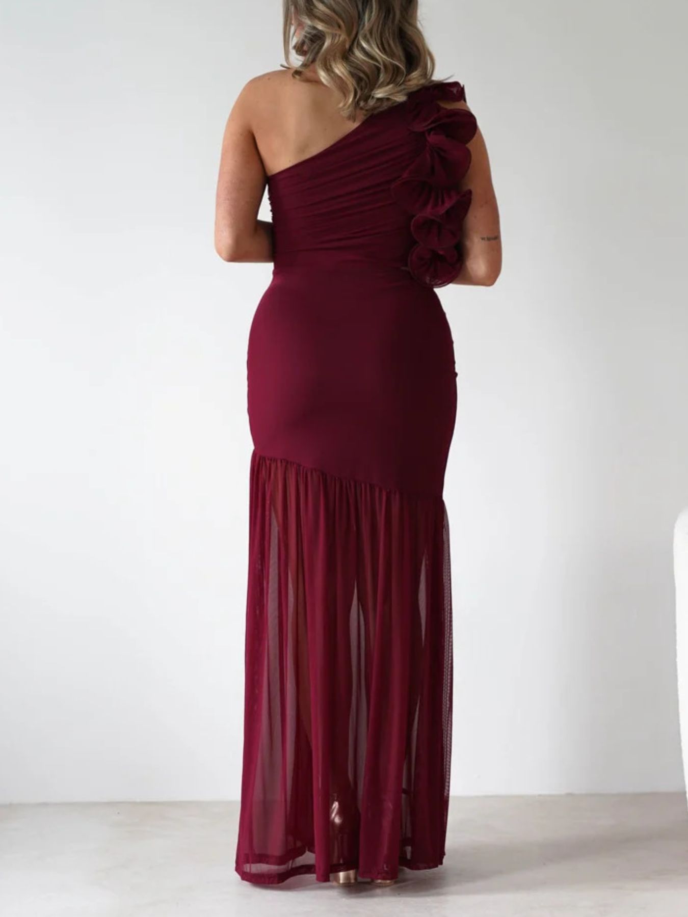 One-Shoulder Ruffle Trim Maxi Dress-Nordavory