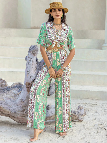 Printed Half Sleeve Top and Wide Leg Pants Set-Nordavory