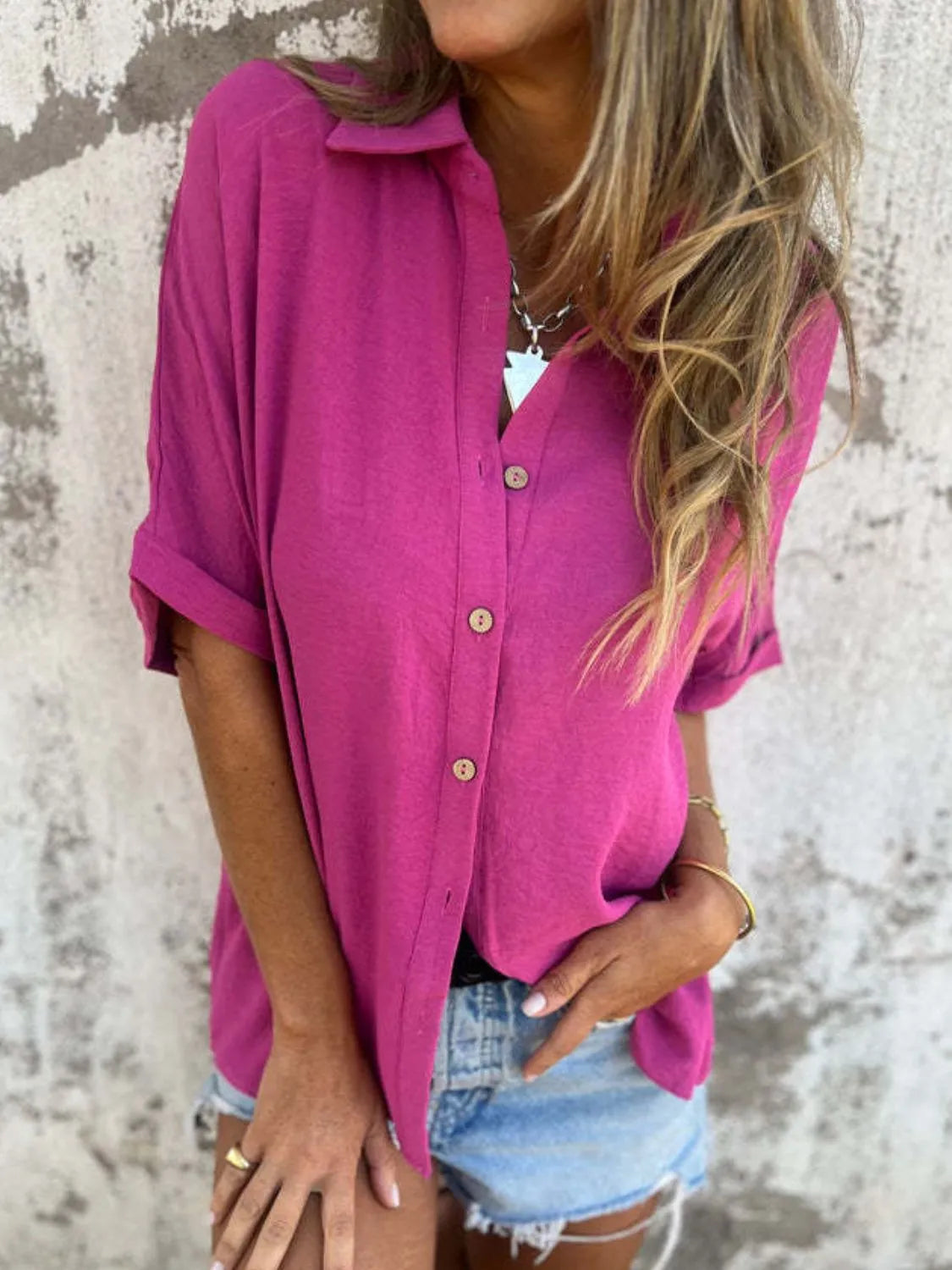 Full Size Collared Neck Half Sleeve Shirt Plus Size-Nordavory