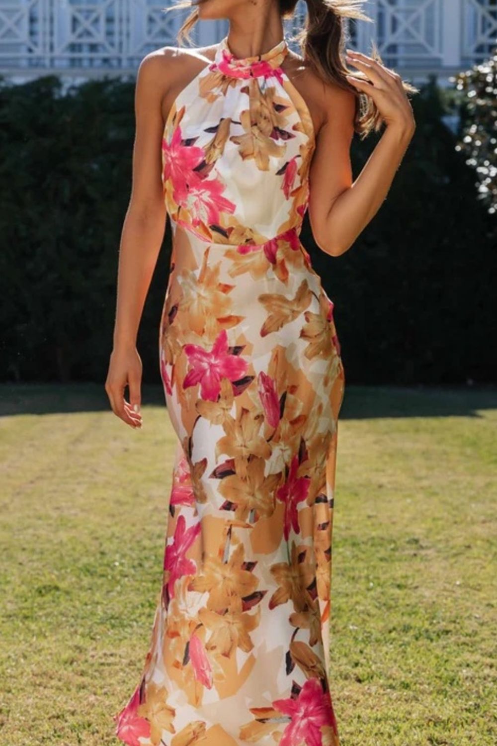 Floral Print Halter Neck Maxi Dress-Nordavory