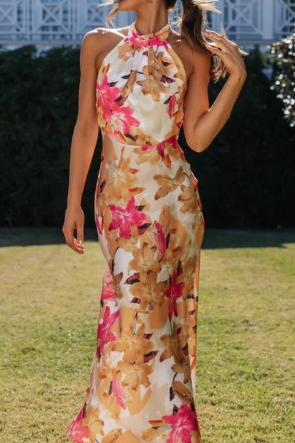 Floral Print Halter Neck Maxi Dress-Nordavory