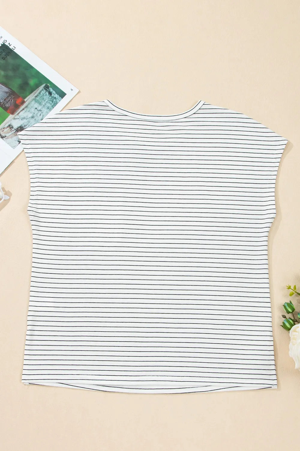 Stripe Cap Sleeve Crew Neck Casual Tee with Chest Pocket-Nordavory