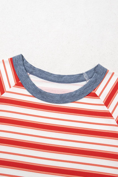 Stripe Print Contrast Collar Raglan Sleeve T Shirt-Nordavory