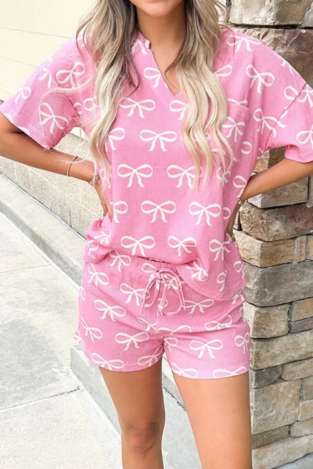 Bowknot Printed Notched T-Shirt and Shorts Set-Nordavory