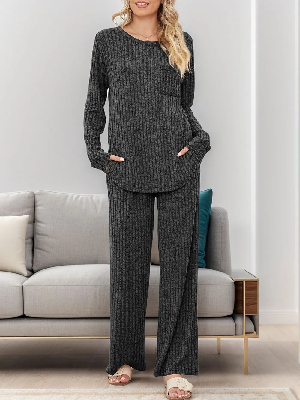 Round Neck Long Sleeve Top and Pants Set-Nordavory