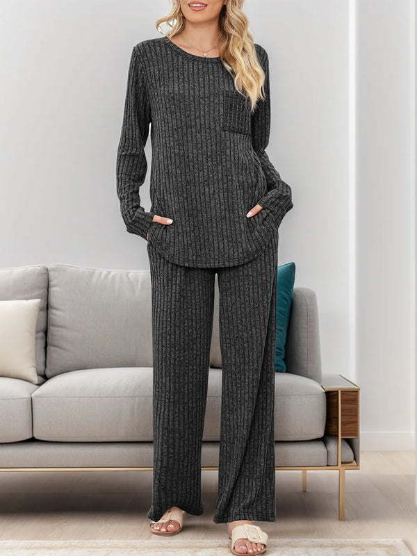 Round Neck Long Sleeve Top and Pants Set-Nordavory