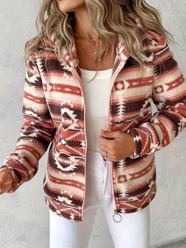 Geometric Zip Up Long Sleeve Hooded Jacket-Nordavory