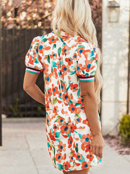 Contrast Trim Floral Split Neck Puff Short Sleeve Tiered Mini Dress-Nordavory