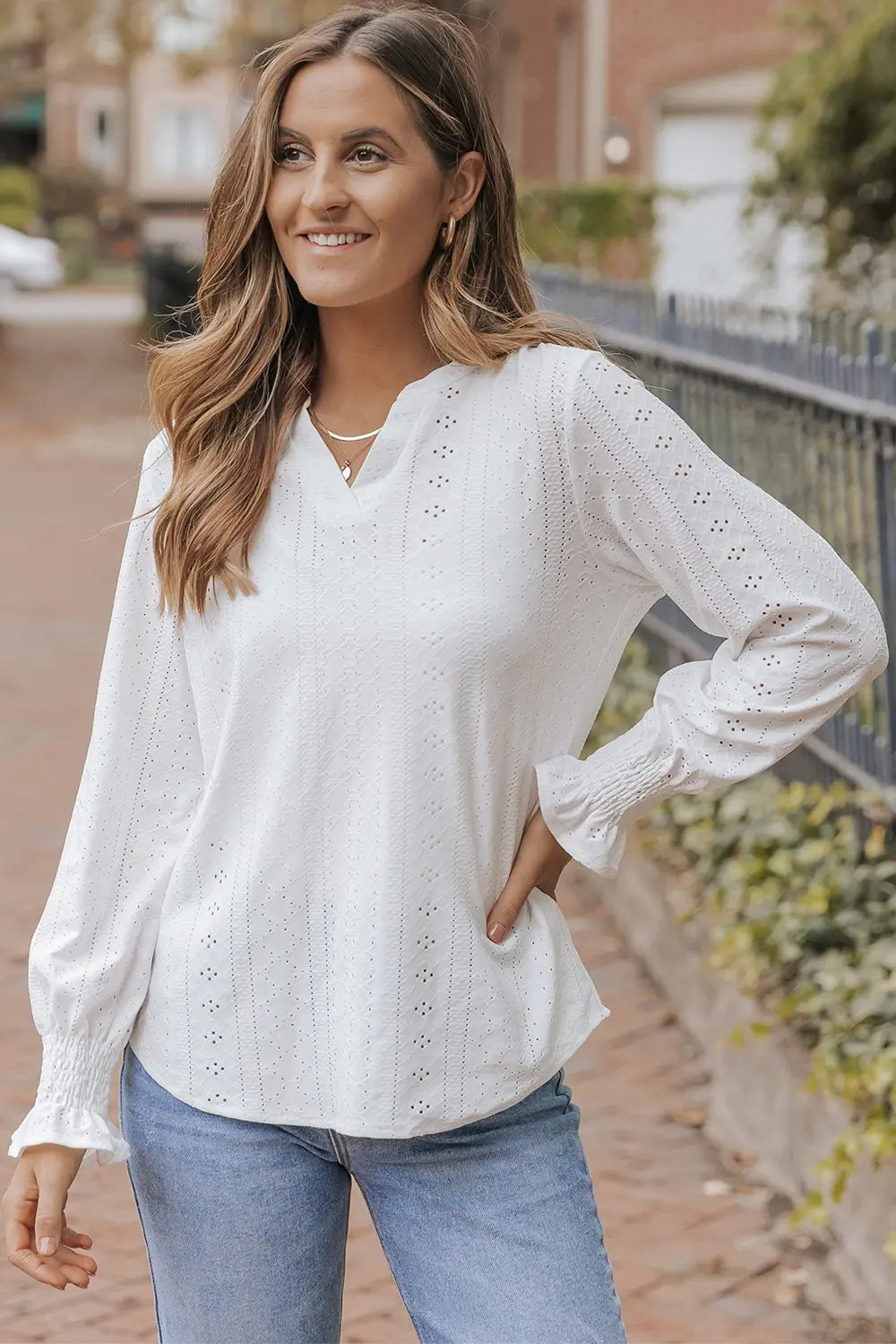 Openwork Notched Flounce Sleeve Blouse-Nordavory