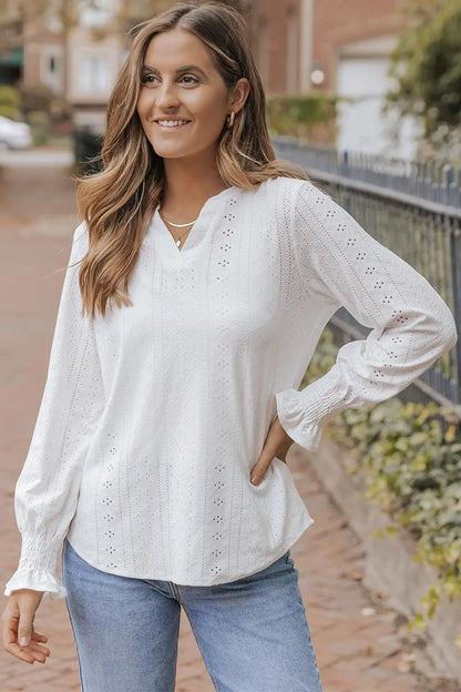 Openwork Notched Flounce Sleeve Blouse-Nordavory