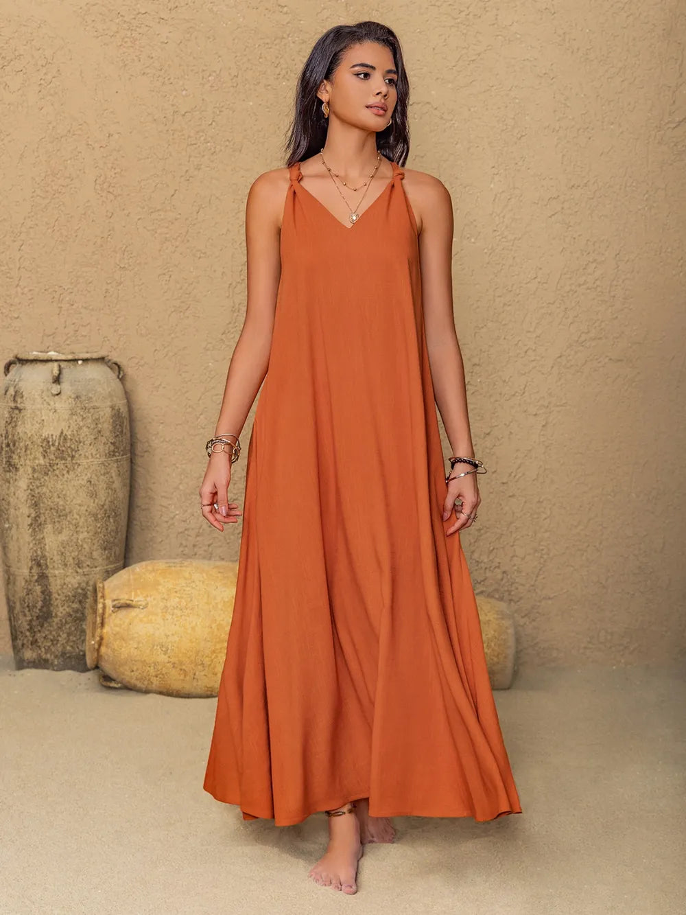 Ruched Twisted Back Sleeveless Maxi Cami Dress-Nordavory