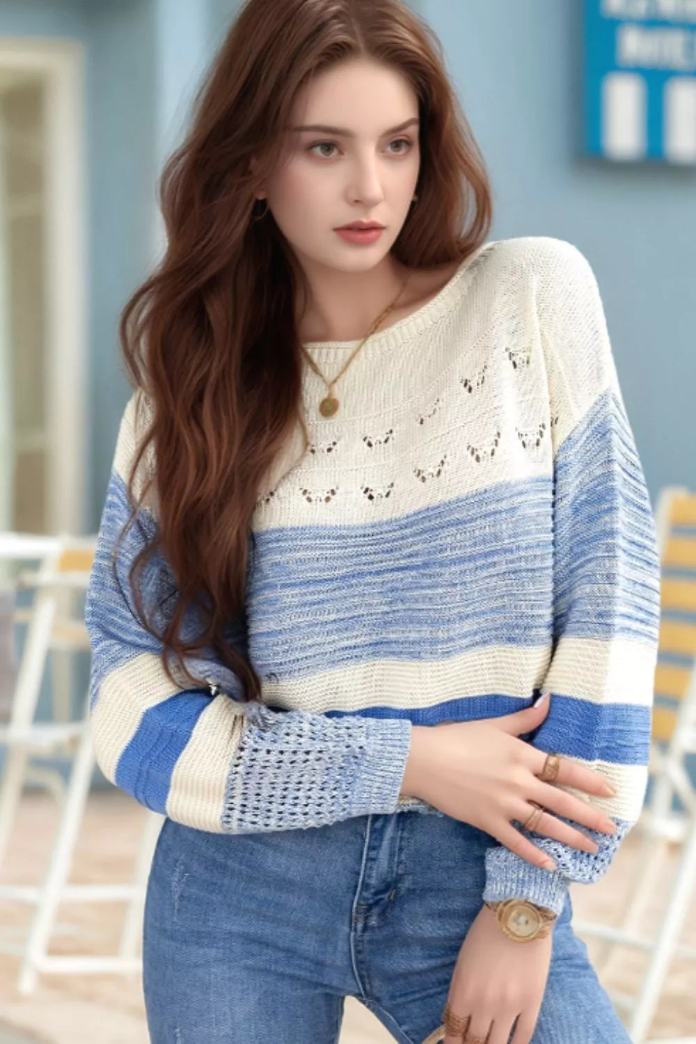 Openwork Striped Knit Long Sleeve Sweater-Nordavory