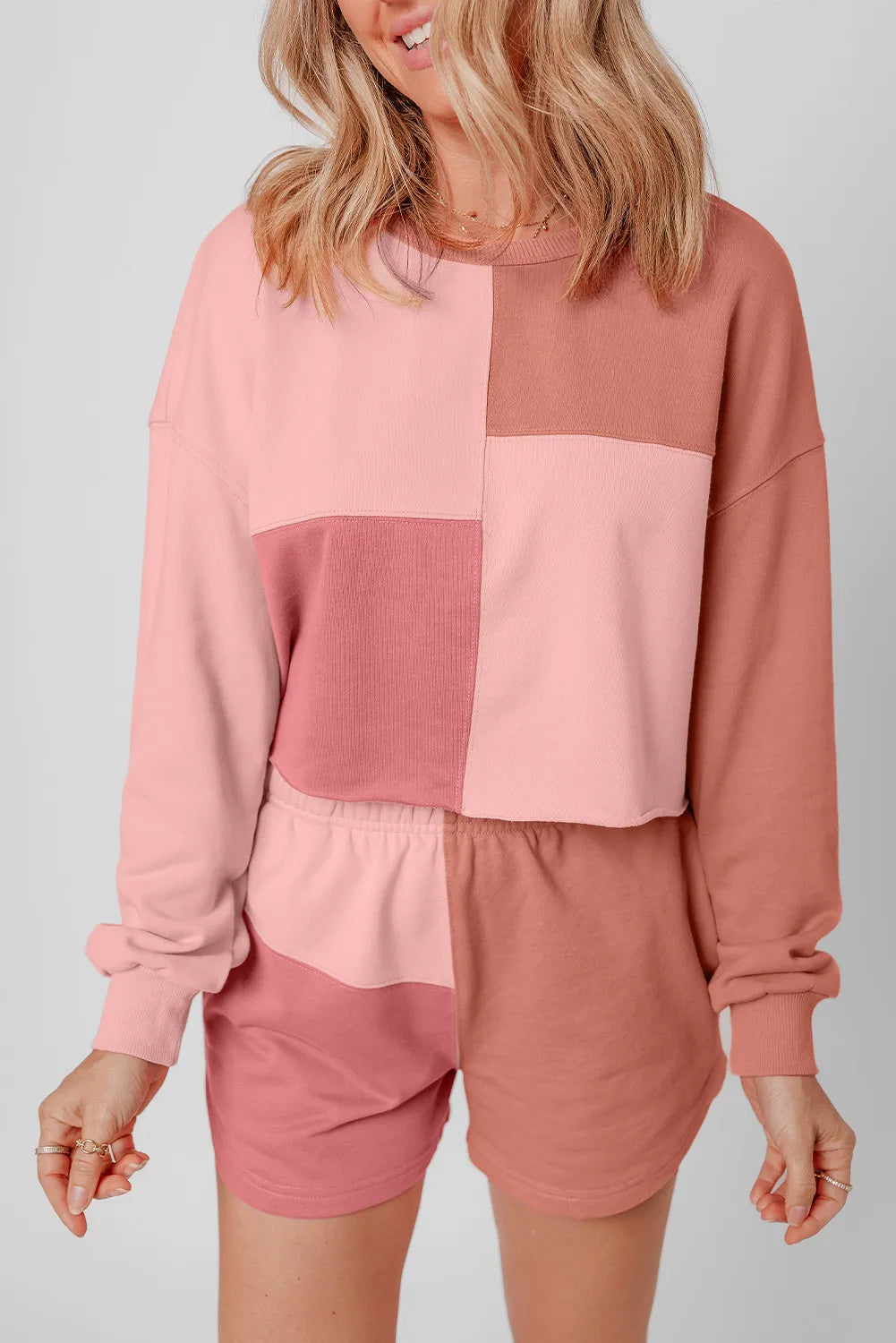 Color Block Round Neck Top and Shorts Set-Nordavory