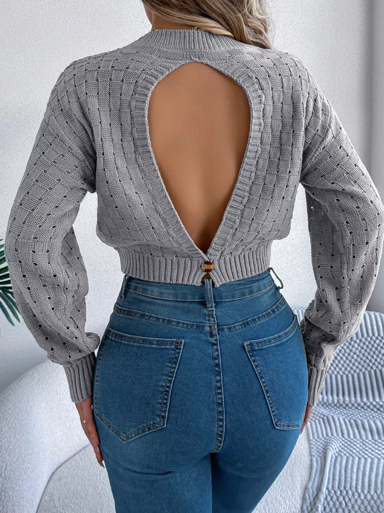 Cutout Back Openwork Round Neck Long Sleeve Sweater-Nordavory