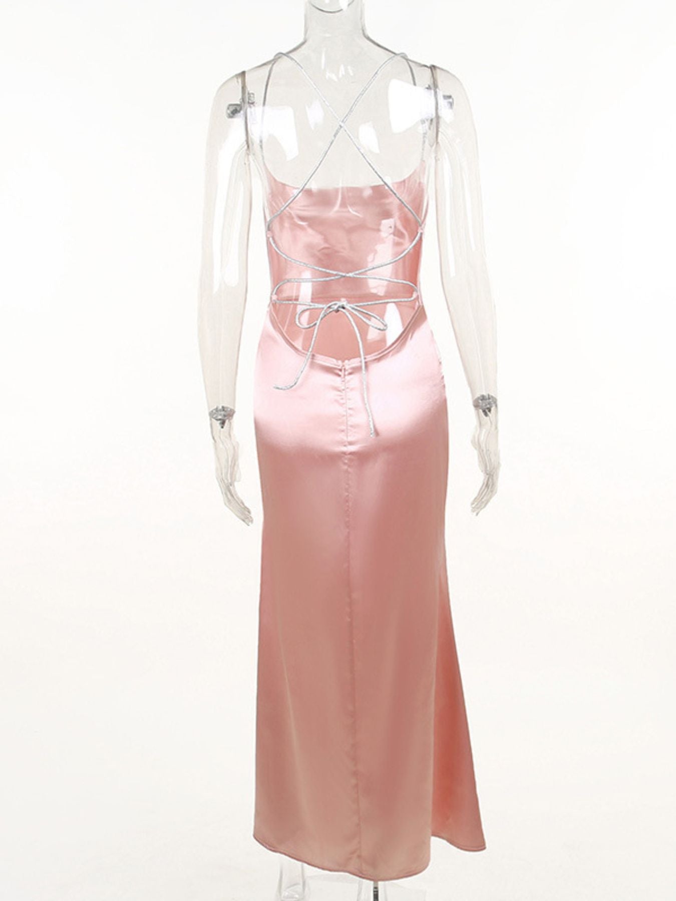 Slinky Satin Cowl Neck High Slit Dress with Back Lace Up-Nordavory