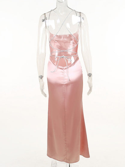 Slinky Satin Cowl Neck High Slit Dress with Back Lace Up-Nordavory