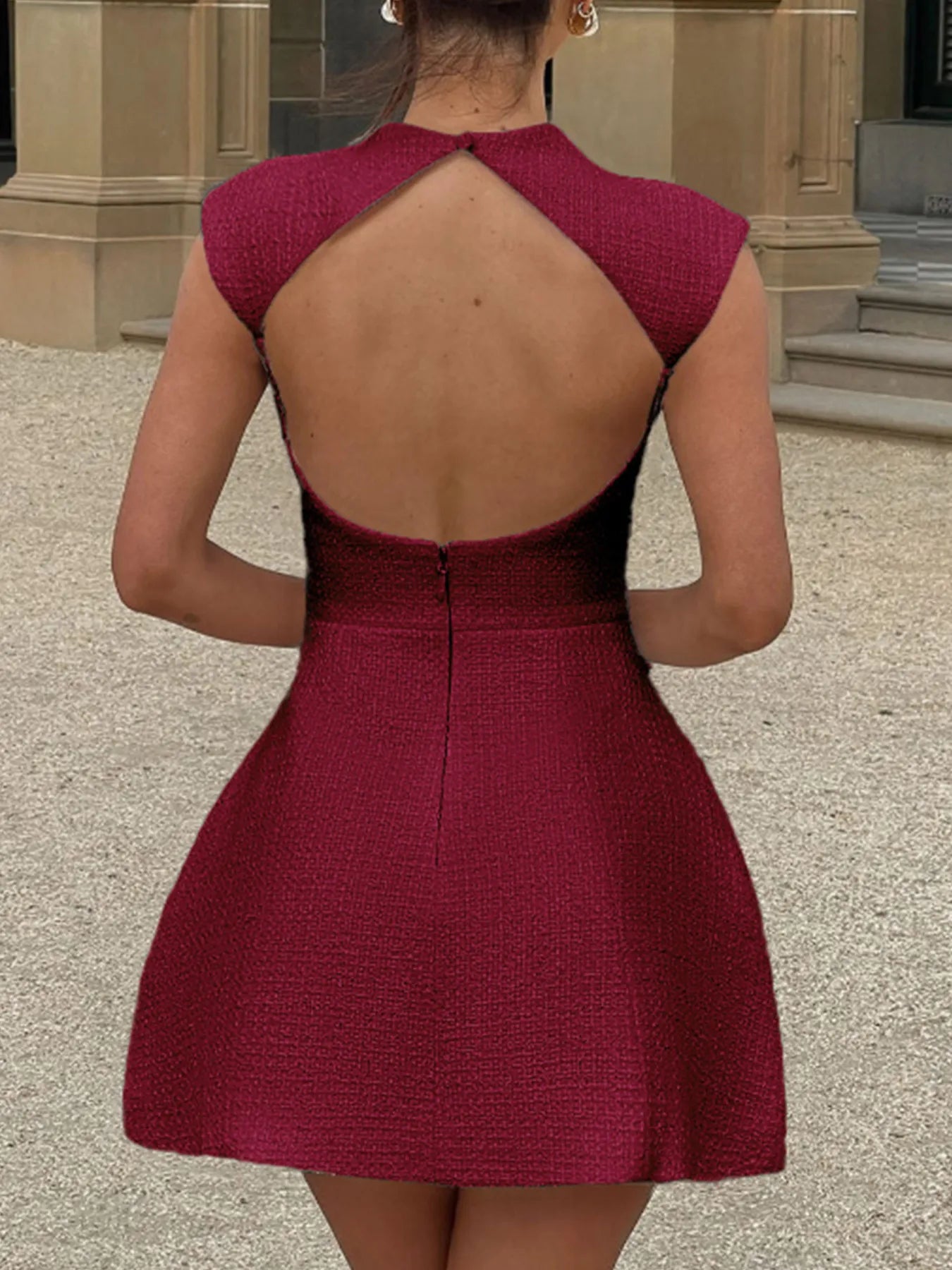 Cutout Back Round Neck Cap Sleeve Mini Dress-Nordavory