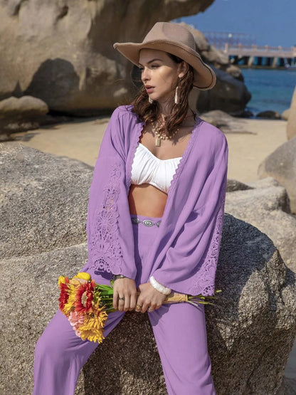 Lace Detail Open Front Cover Up and Pants Set-Nordavory