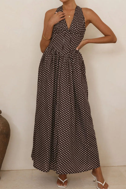 Backless Polka Dot Halter Neck Maxi Dress-Nordavory