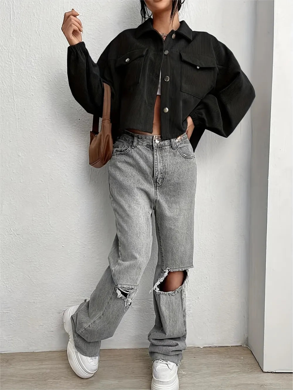 Collared Neck Dropped Shoulder Jacket-Nordavory