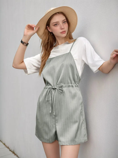 Perfee Drawstring Waist Striped Overalls with Pockets-Nordavory
