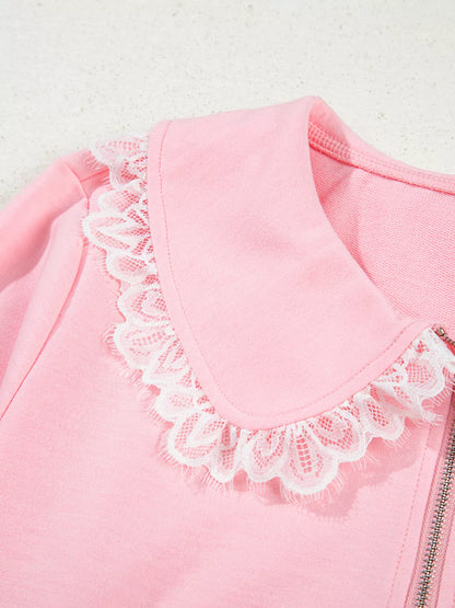 Peter Pan Lace Embellished Neck Sweatshirt and Skirt Two Piece Set-Nordavory