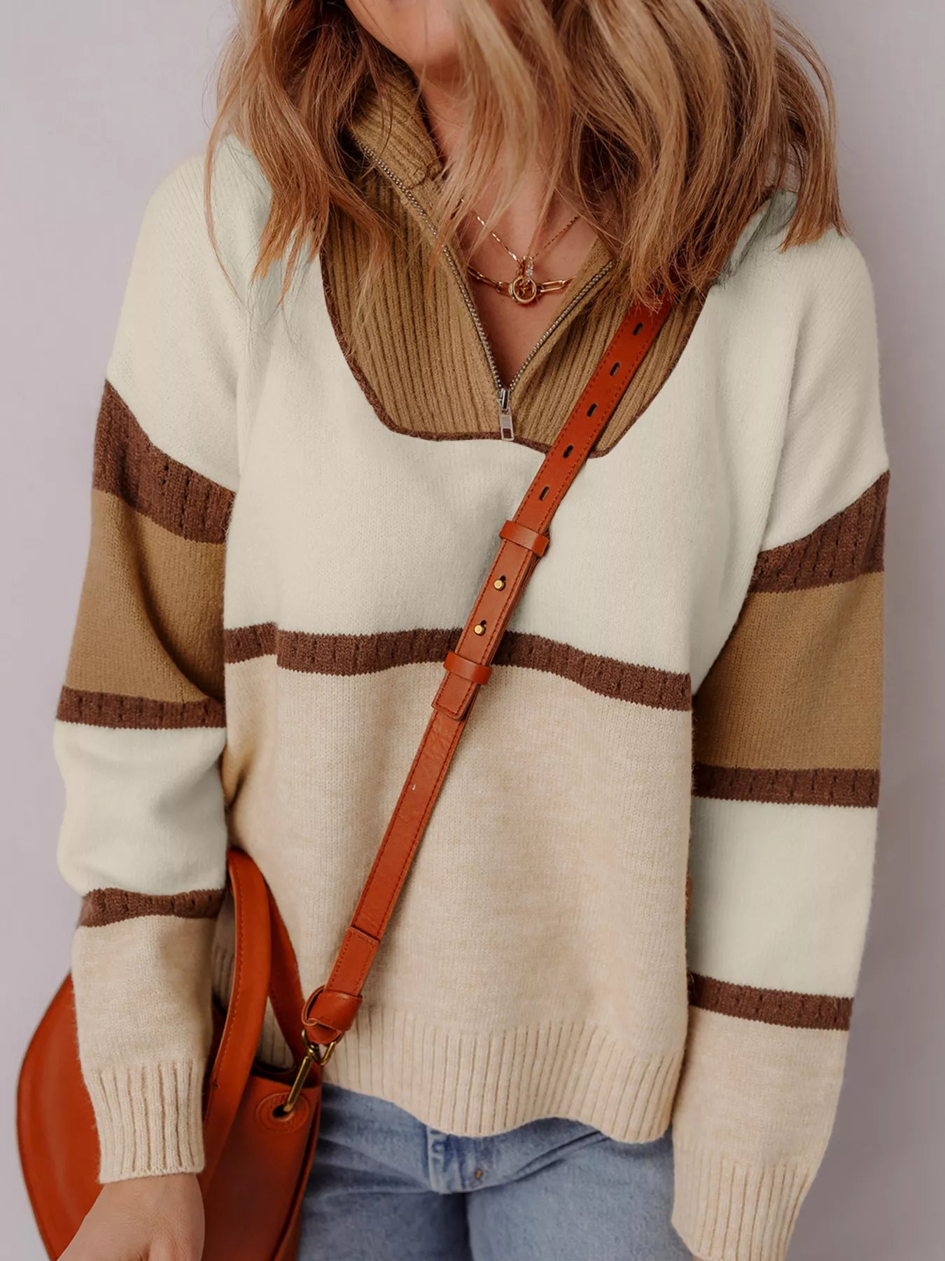 Color Block Zipped Collared Sweater-Nordavory