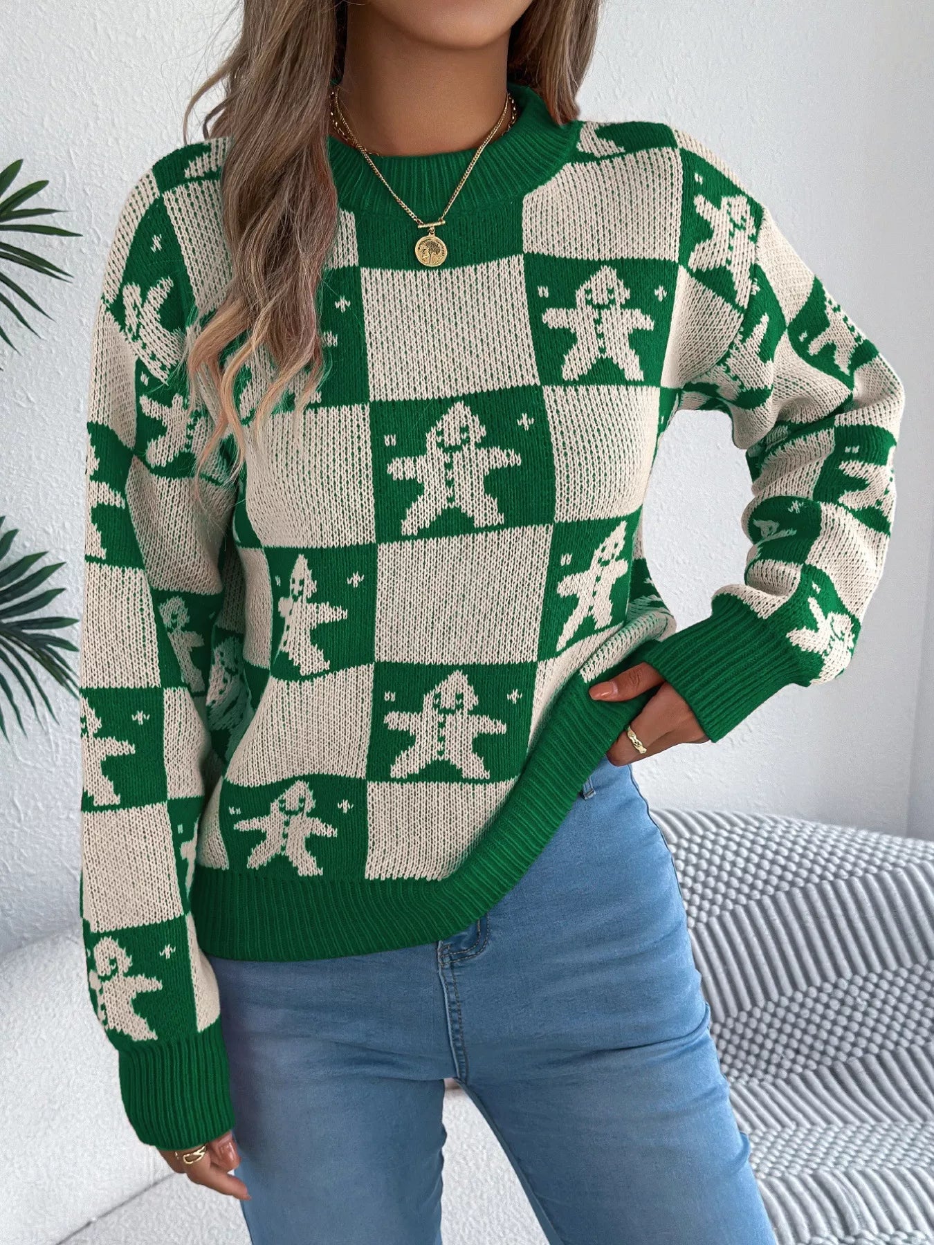 Christmas Checkerboard Gingerbread Round Neck Sweater-Nordavory