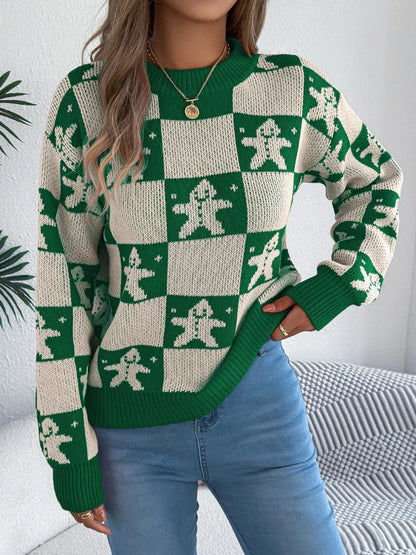 Christmas Checkerboard Gingerbread Round Neck Sweater-Nordavory
