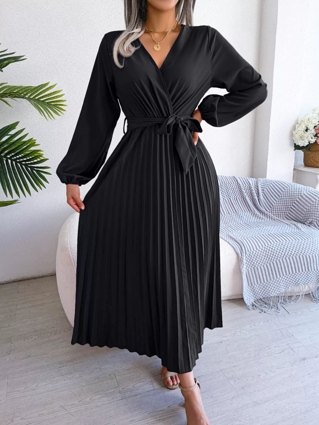 Elegant Pleated Front Tie Long Sleeve Dress-Nordavory