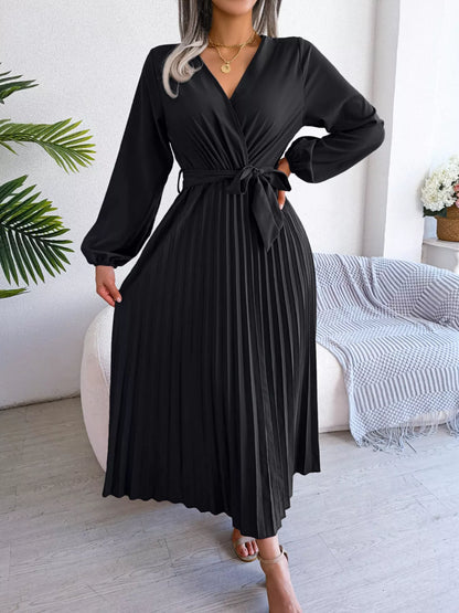 Elegant Pleated Front Tie Long Sleeve Dress-Nordavory