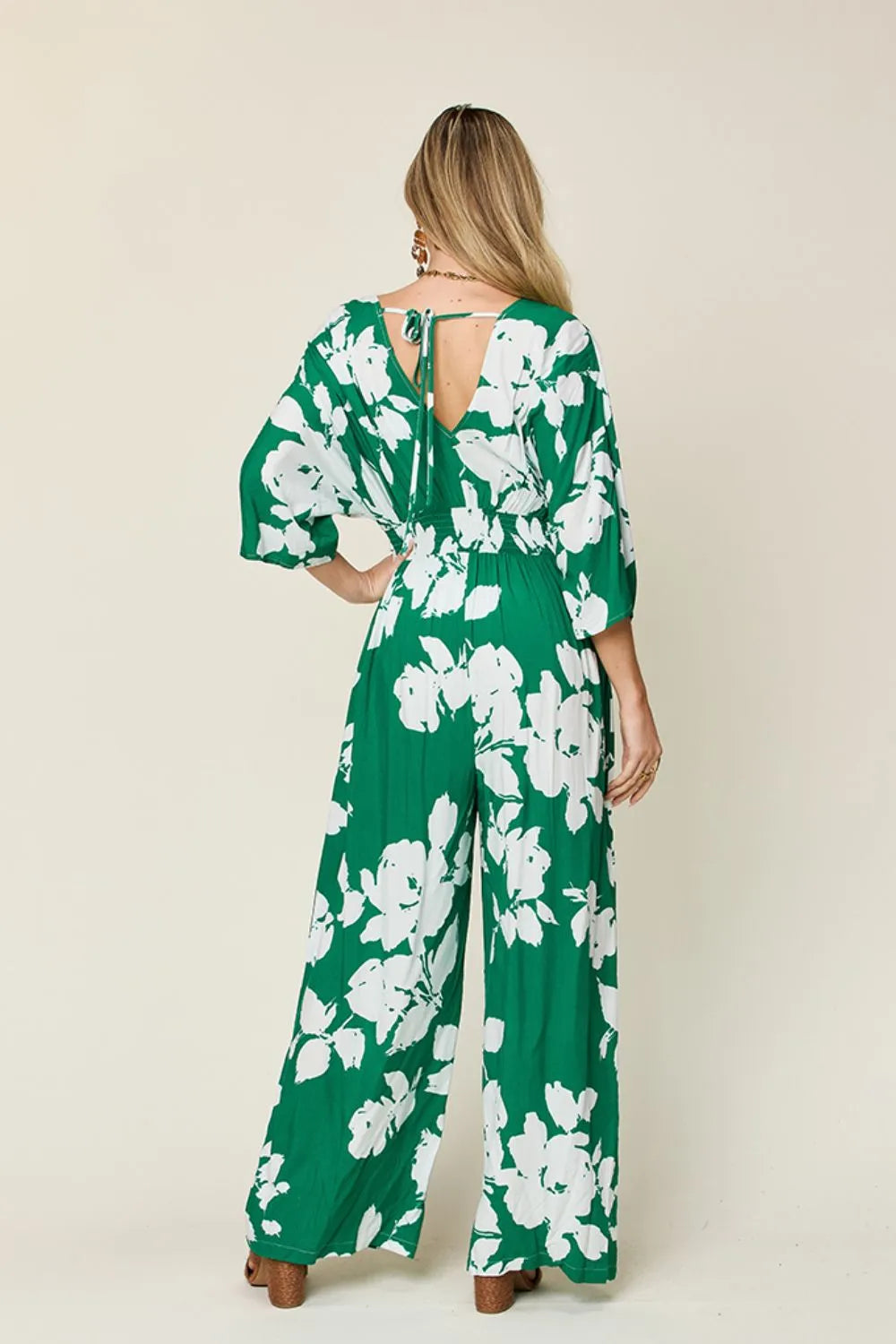 Double Take Full Size Printed Tie Back Wide Leg Jumpsuit-Nordavory