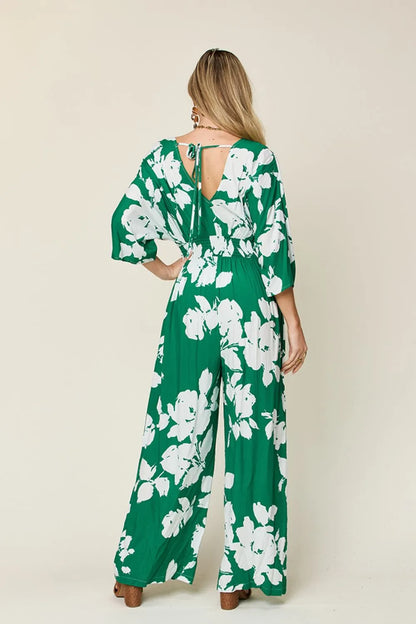 Double Take Full Size Printed Tie Back Wide Leg Jumpsuit-Nordavory