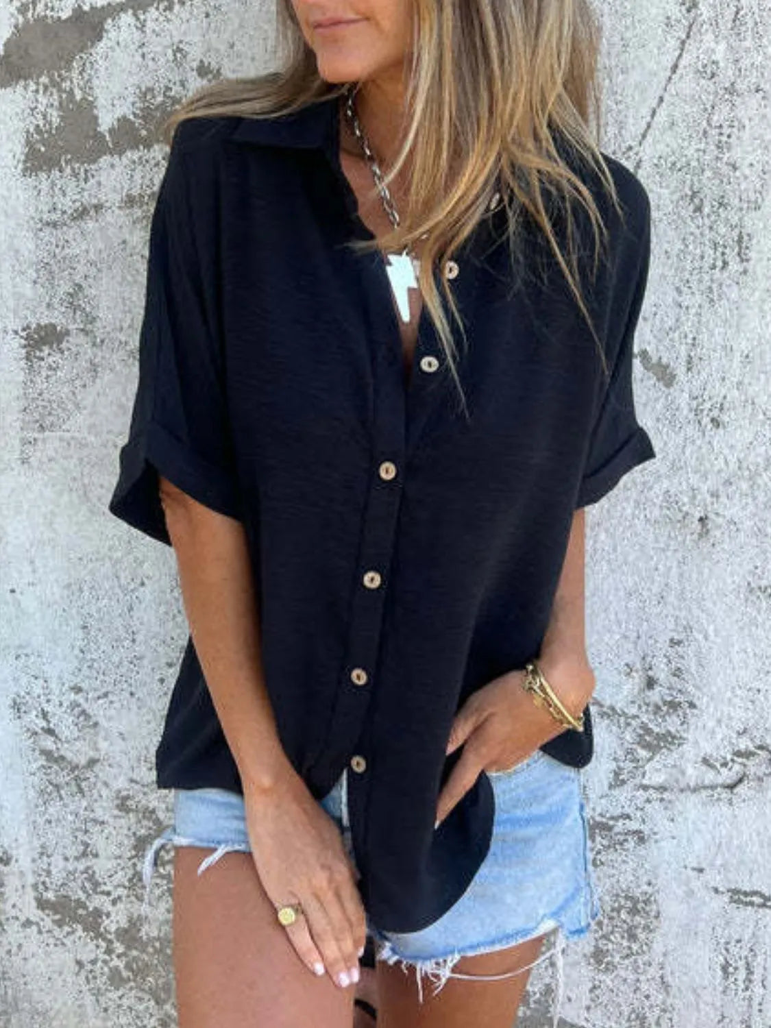 Full Size Collared Neck Half Sleeve Shirt Plus Size-Nordavory