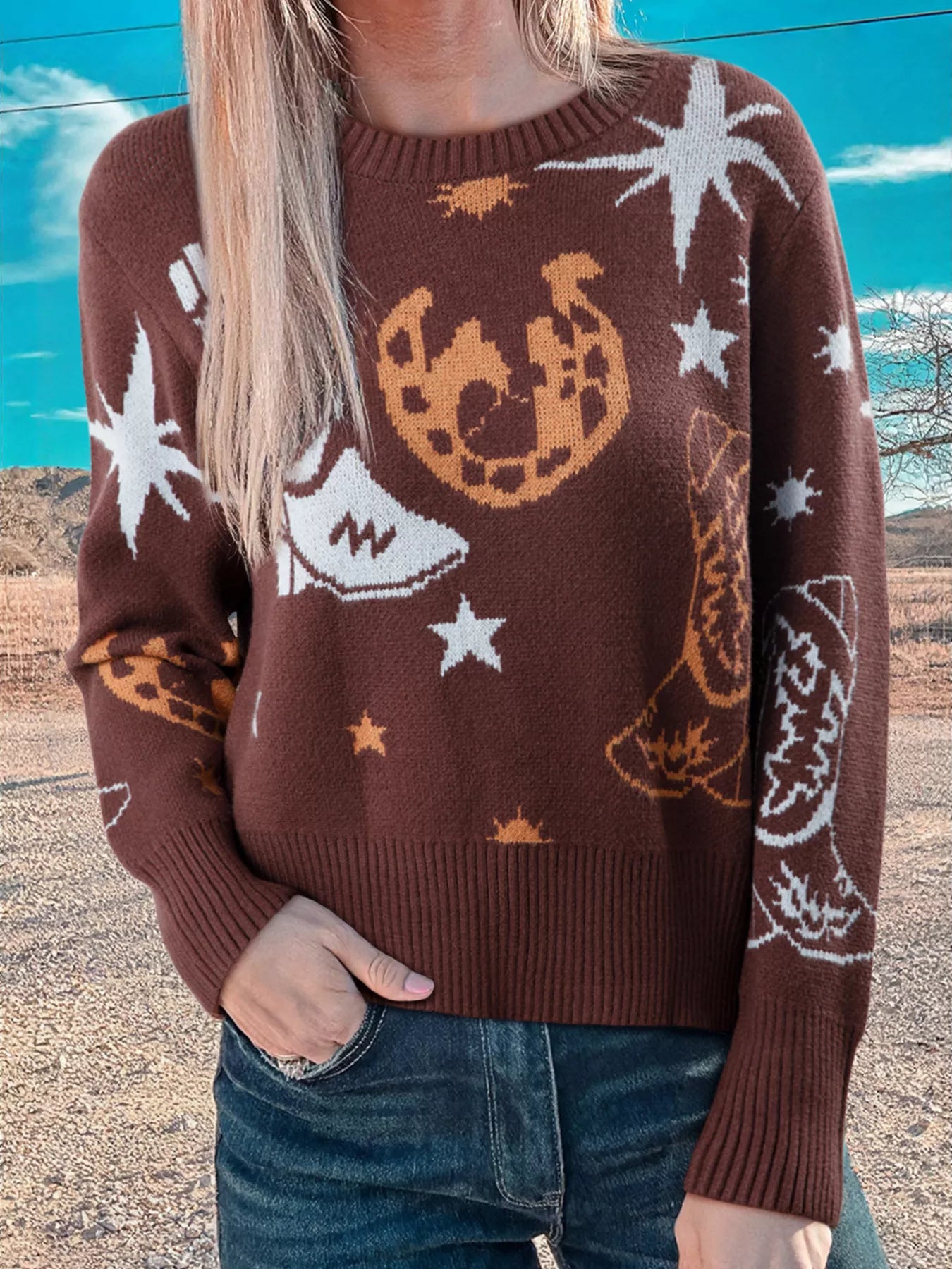 Cowgirl Round Neck Casual Sweater-Nordavory
