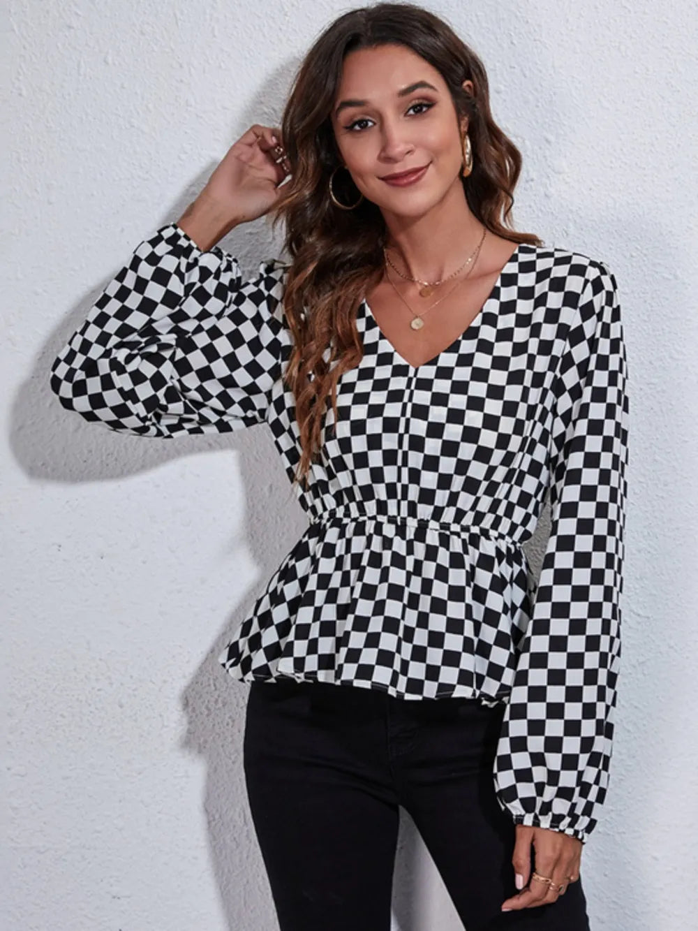 Checkered V-Neck Balloon Sleeve Peplum Blouse-Nordavory