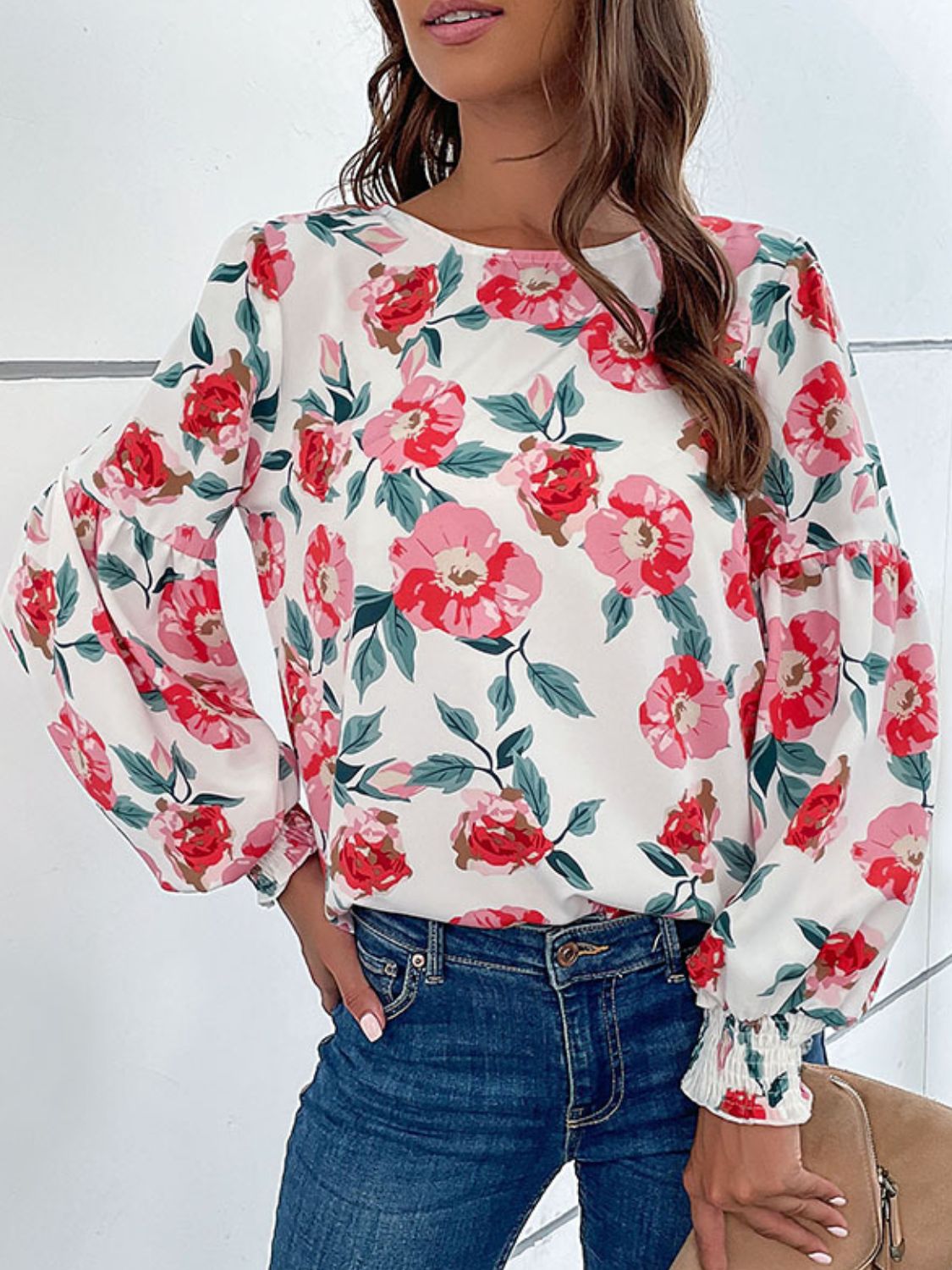 Perfee Floral Long Puff Sleeve Round Neck Blouse-Nordavory