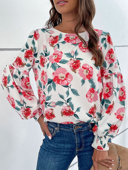 Perfee Floral Long Puff Sleeve Round Neck Blouse-Nordavory
