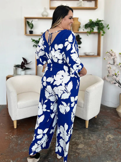 Double Take Full Size Printed Tie Back Wide Leg Jumpsuit-Nordavory