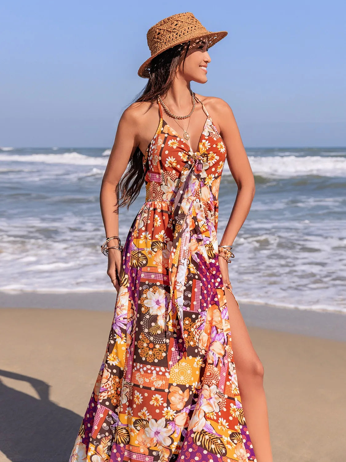 Slit Printed Halter Neck Cami Dress-Nordavory
