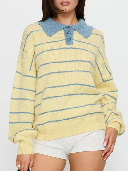 Striped Polo Collar Long Sleeve Sweater-Nordavory